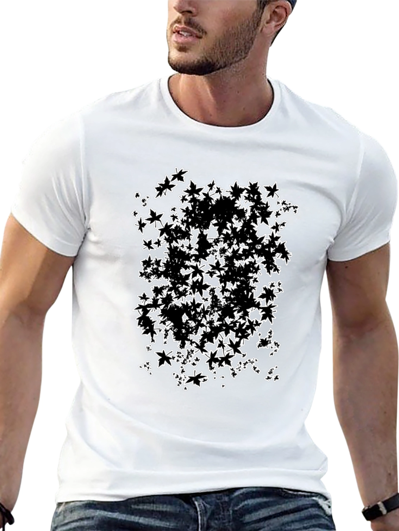 Abstract Maple Leaf Print Black T-Shirt