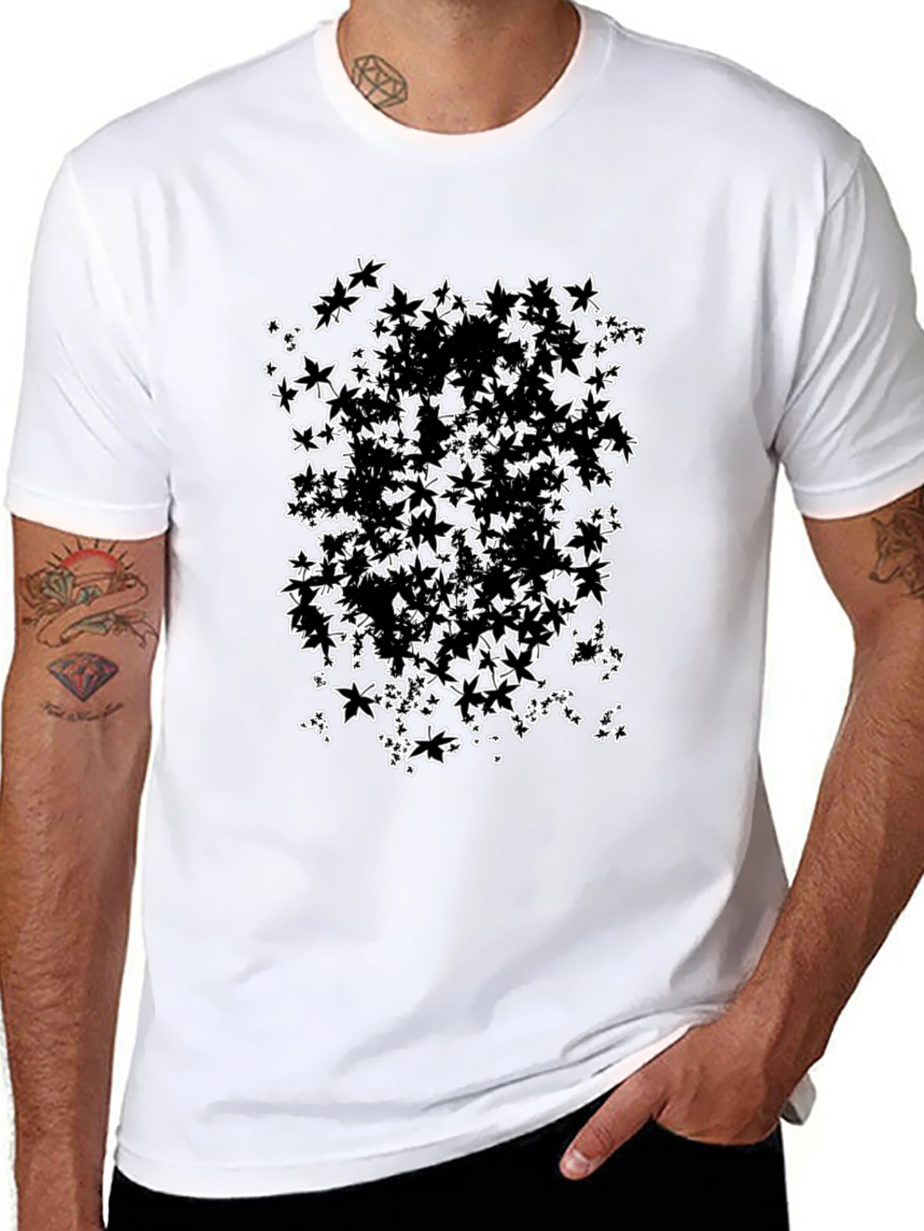 Abstract Maple Leaf Print Black T-Shirt