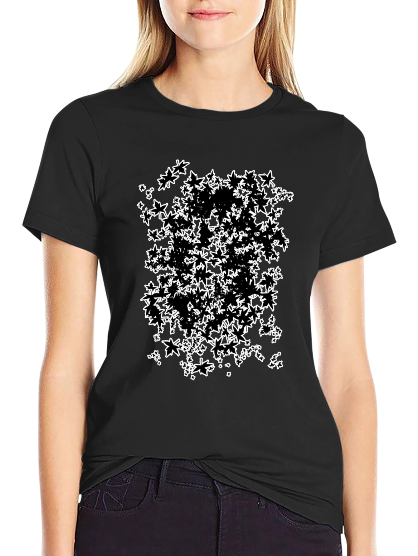 Abstract Maple Leaf Print Black T-Shirt