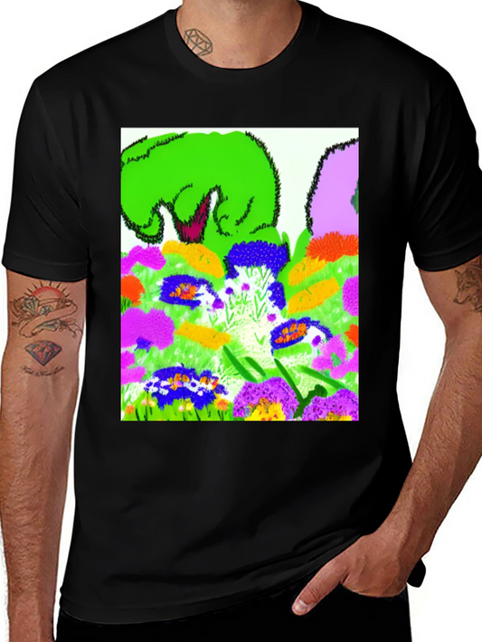 Vibrant Floral Garden Graphic Tee - Artsy Black T-Shirt