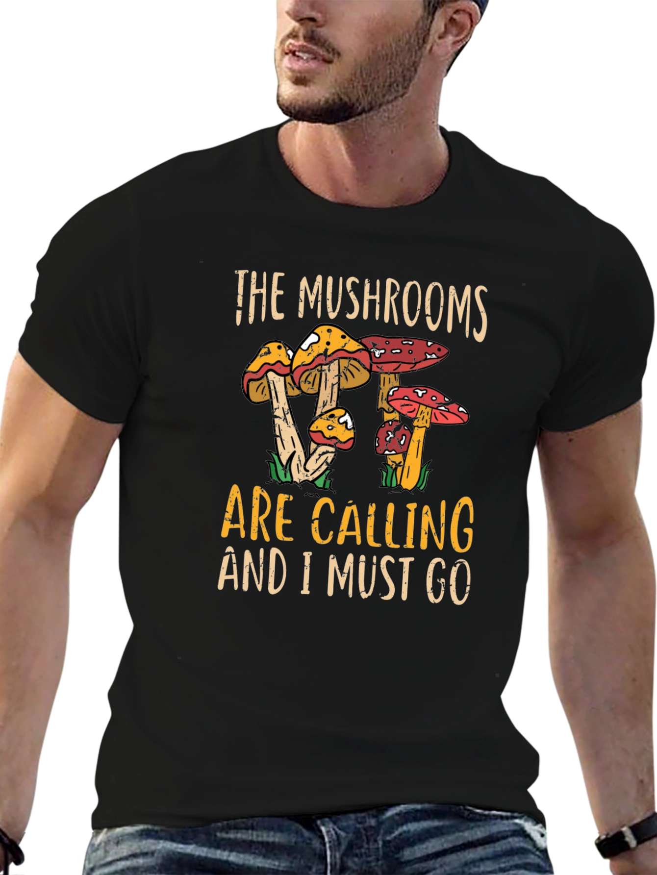 The Mushrooms Are Calling Black Graphic Tee