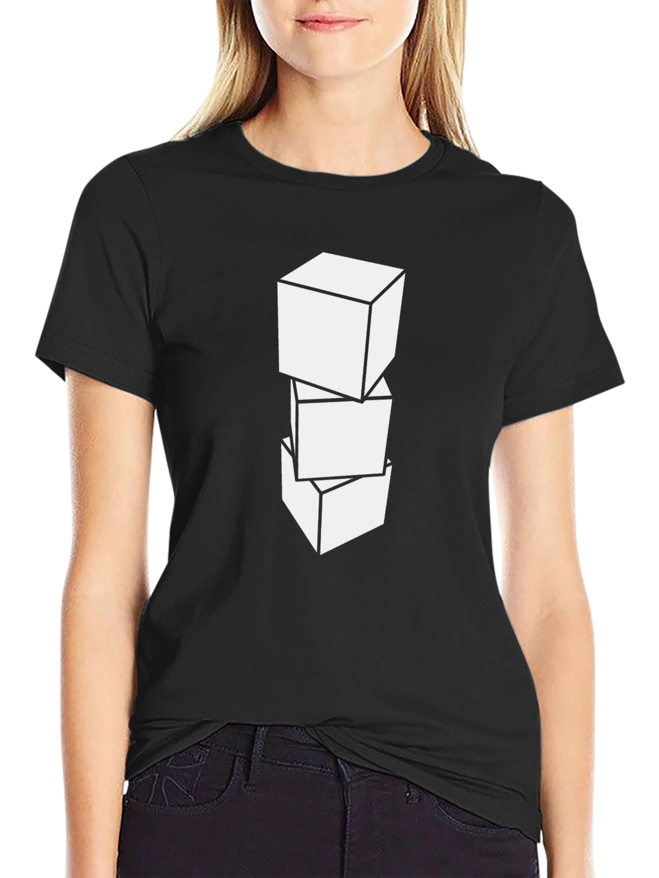 Geometric Cube Graphic Tee - Casual Black T-Shirt