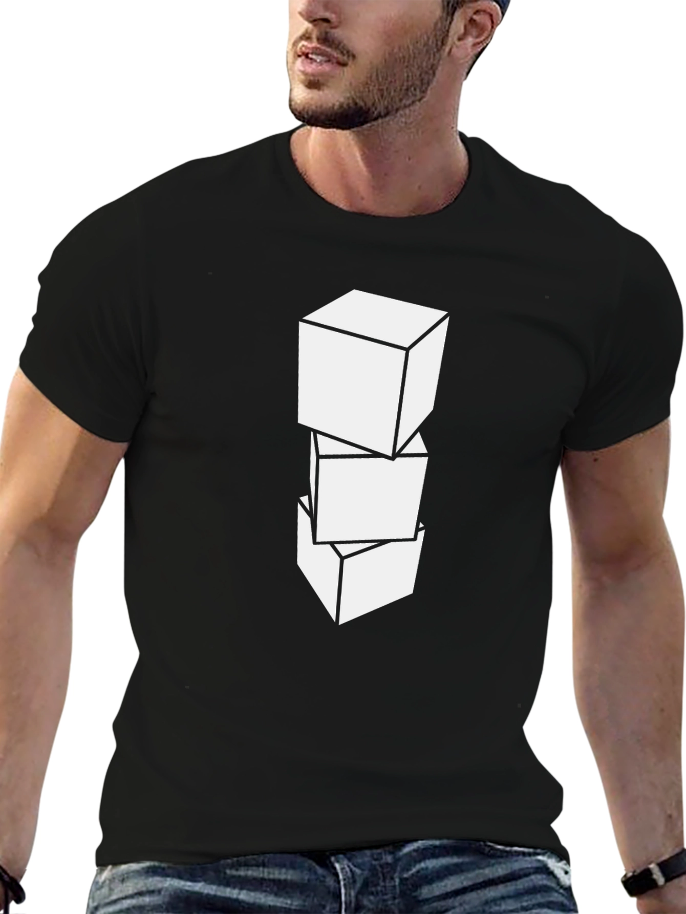 Geometric Cube Graphic Tee - Casual Black T-Shirt