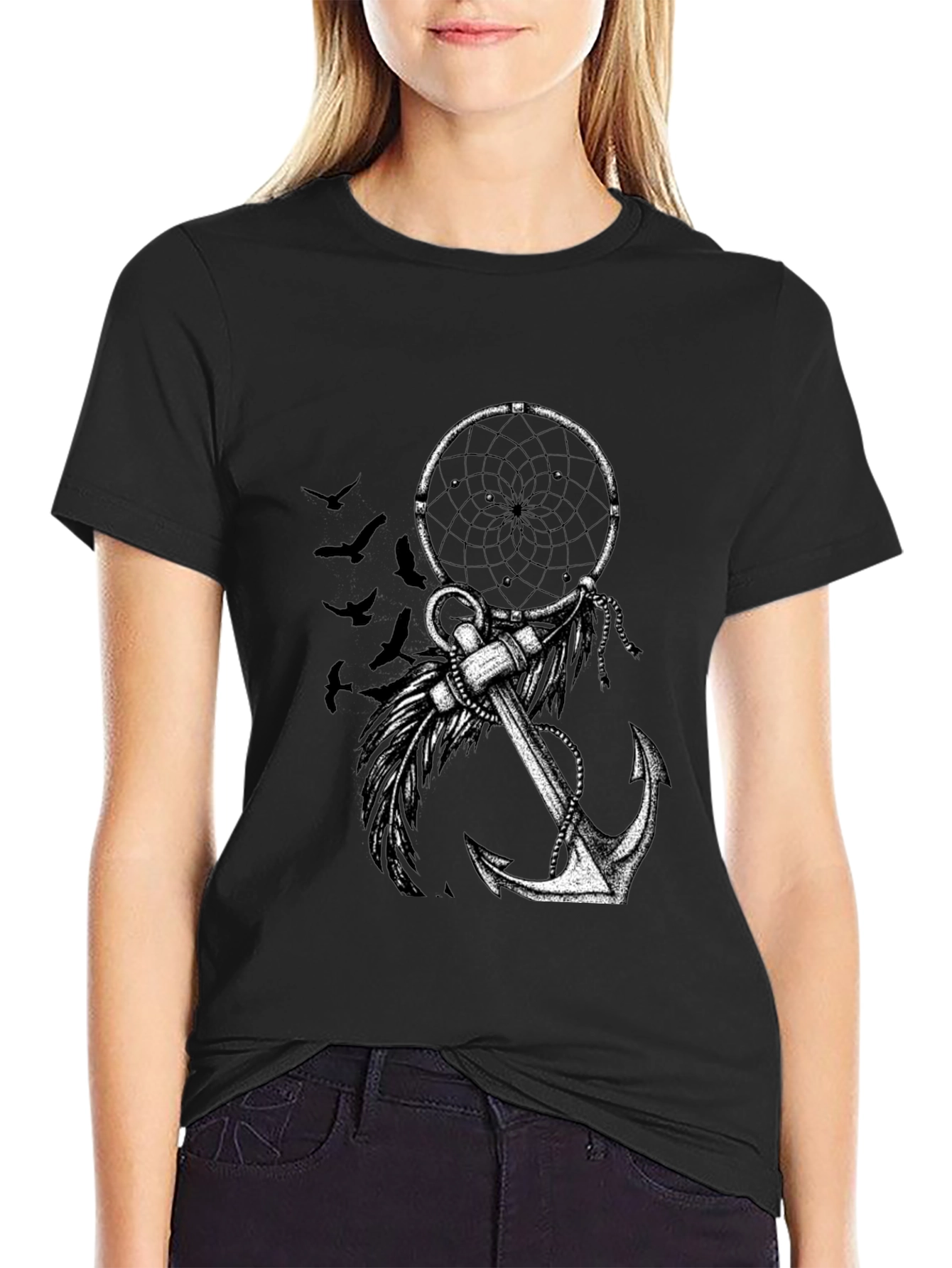 Dreamcatcher & Anchor Graphic Tee - Black