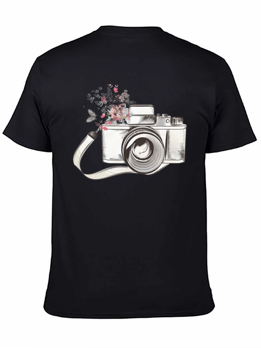 Vintage Camera Floral Black T-Shirt