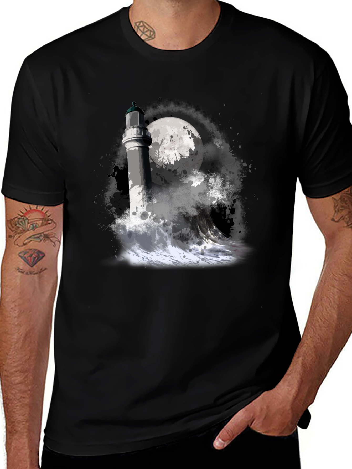 Lighthouse & Moon Graphic Tee - Black Cotton T-Shirt