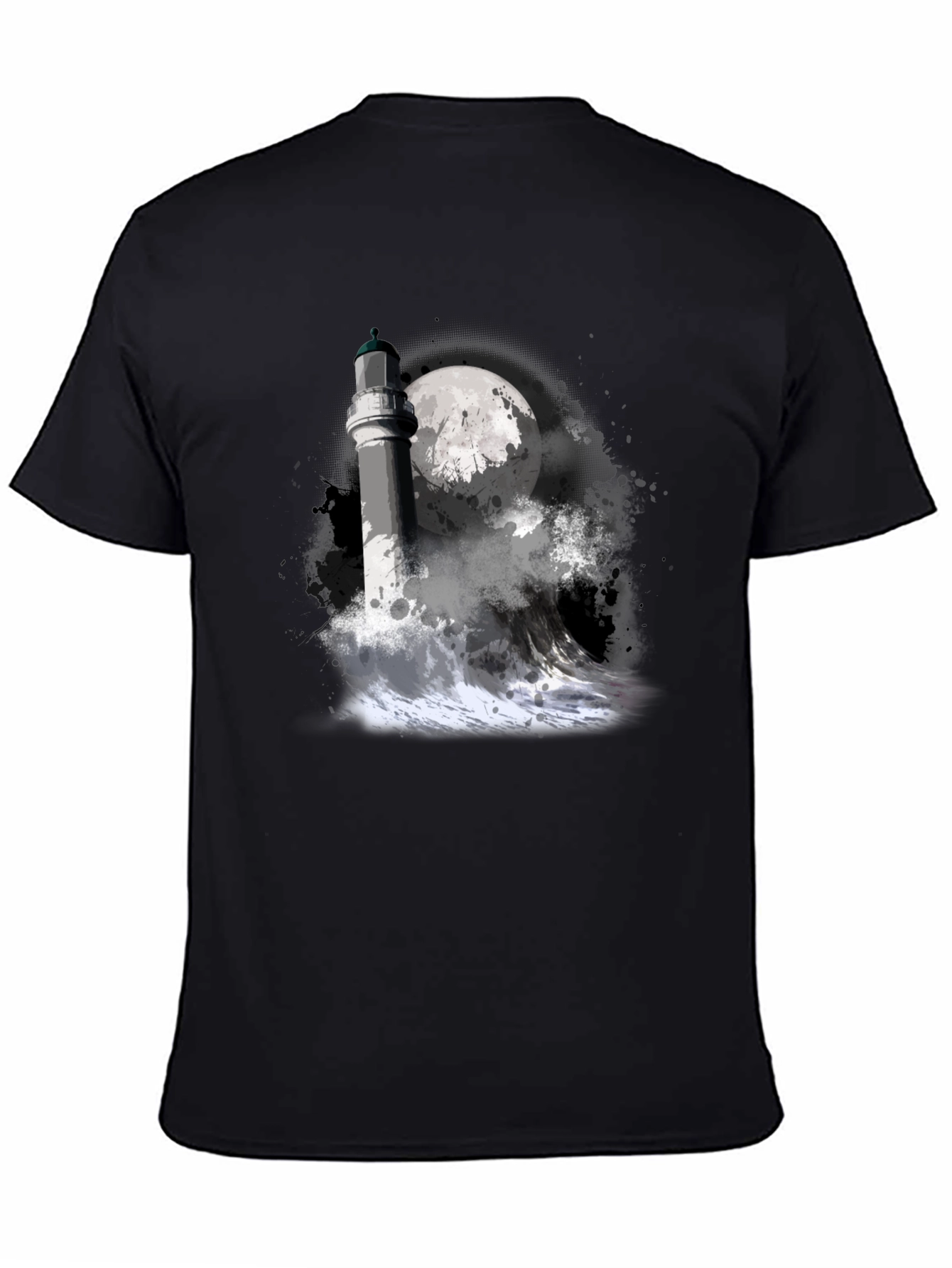 Lighthouse & Moon Graphic Tee - Black Cotton T-Shirt