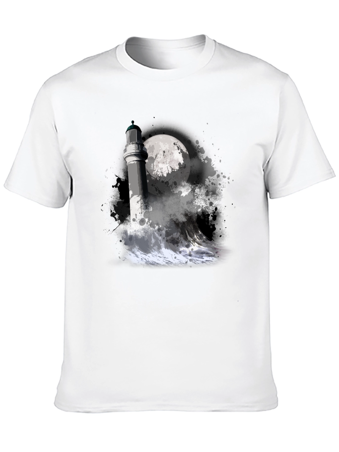 Lighthouse & Moon Graphic Tee - Black Cotton T-Shirt