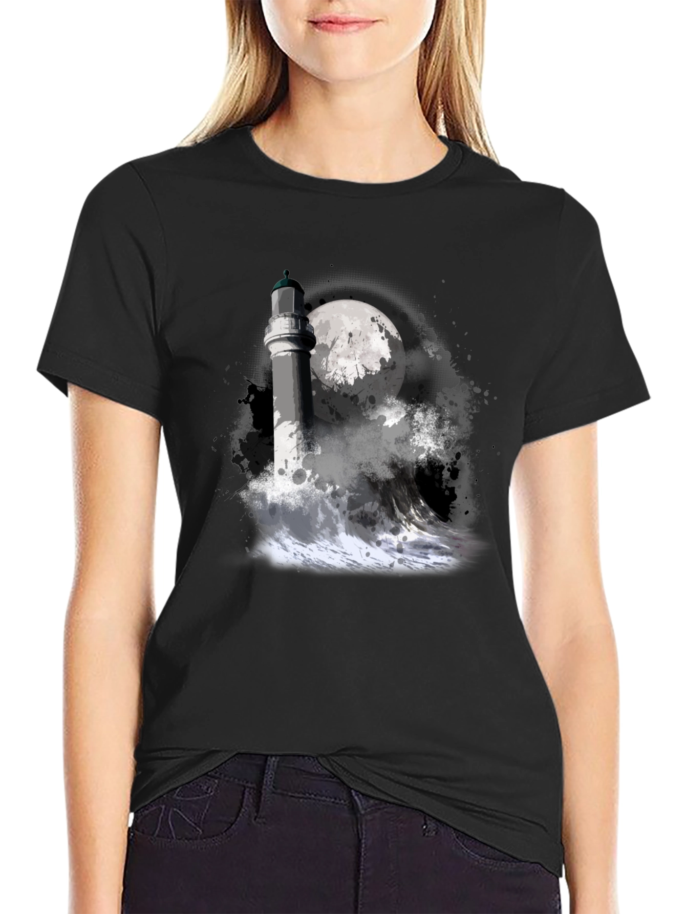 Lighthouse & Moon Graphic Tee - Black Cotton T-Shirt