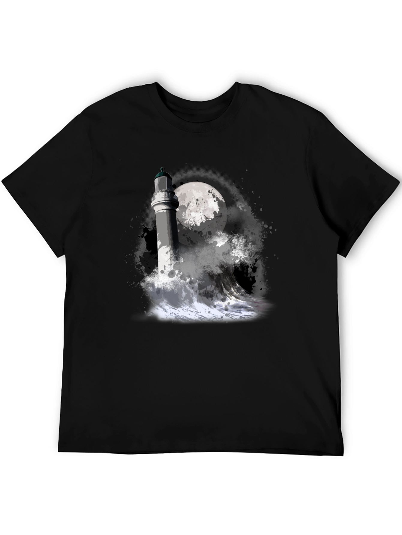 Lighthouse & Moon Graphic Tee - Black Cotton T-Shirt