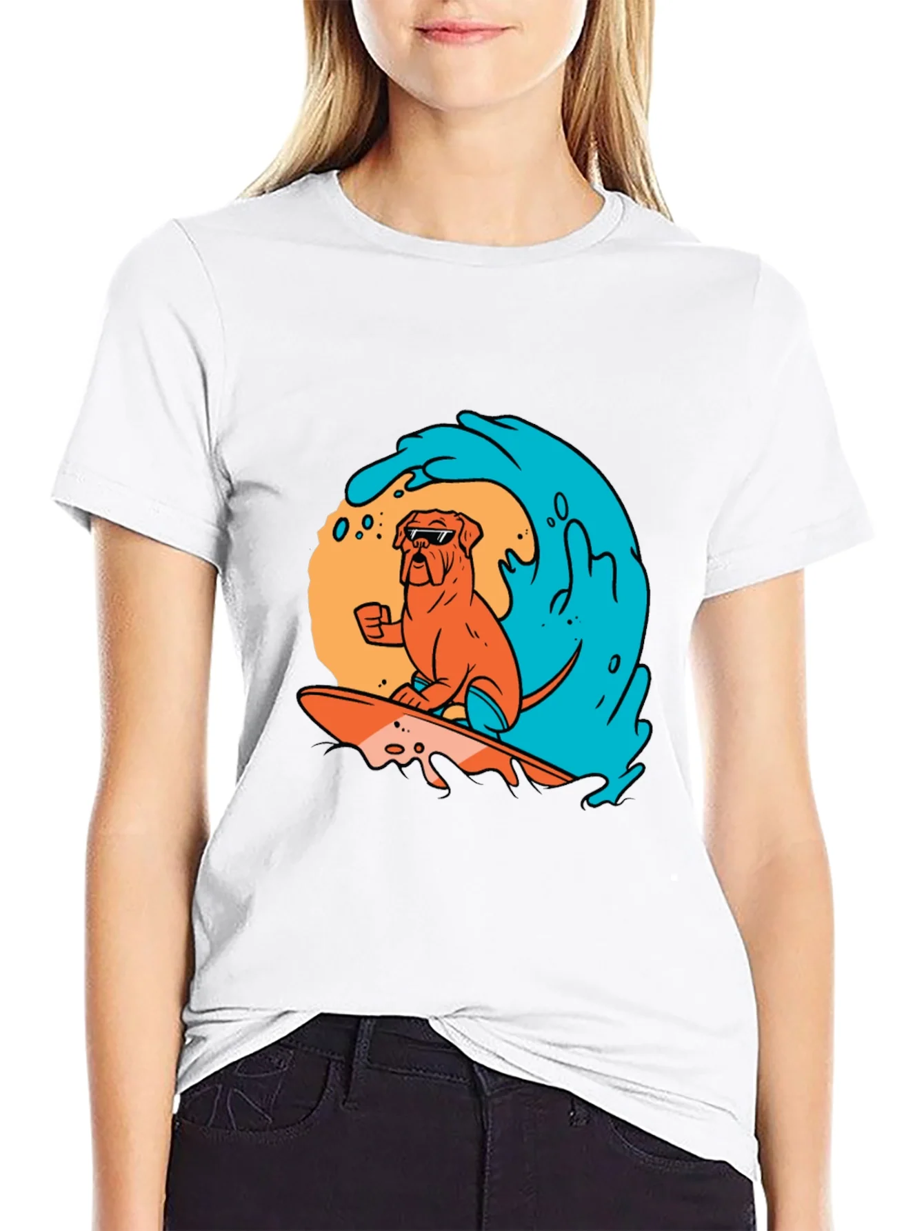 Surfing Dog Graphic Tee - Black Cotton T-Shirt