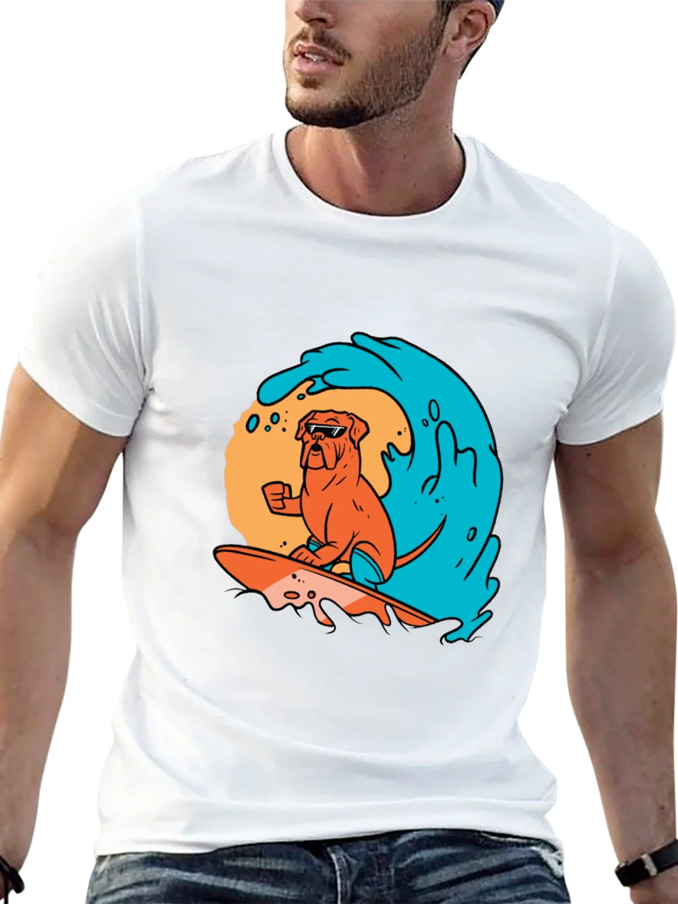 Surfing Dog Graphic Tee - Black Cotton T-Shirt