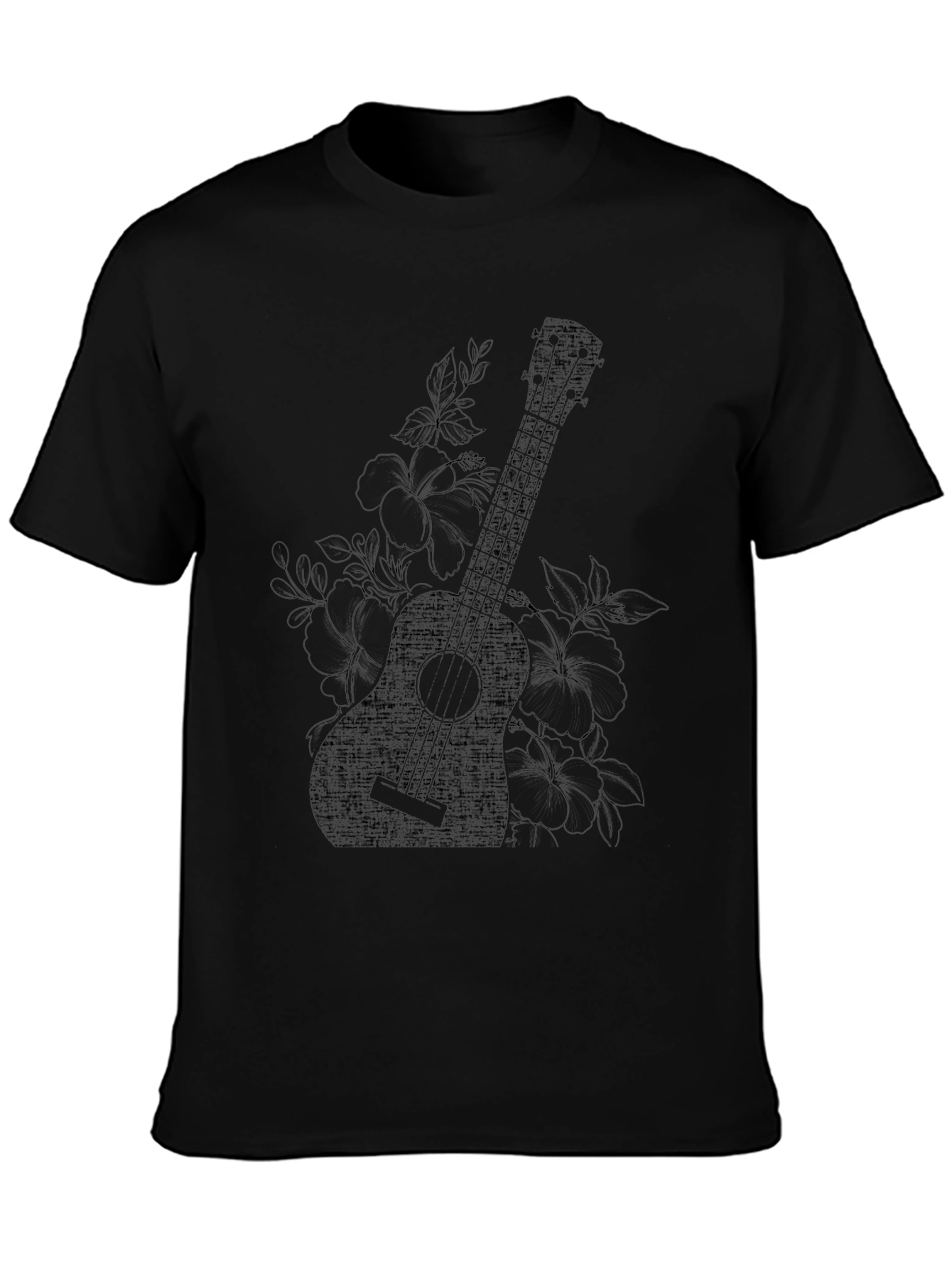 Ukulele Floral Graphic Black T-Shirt
