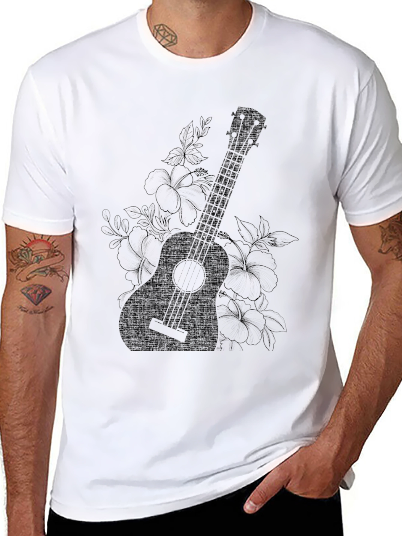 Ukulele Floral Graphic Black T-Shirt