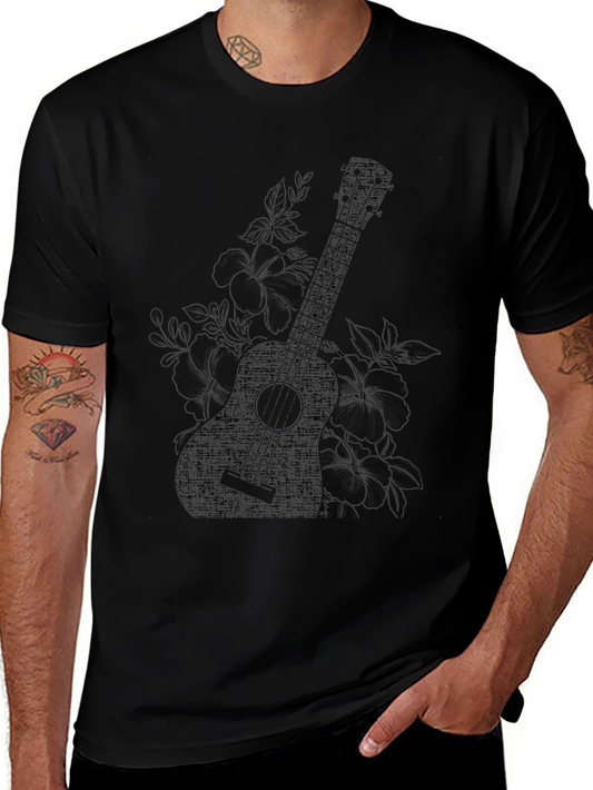 Ukulele Floral Graphic Black T-Shirt