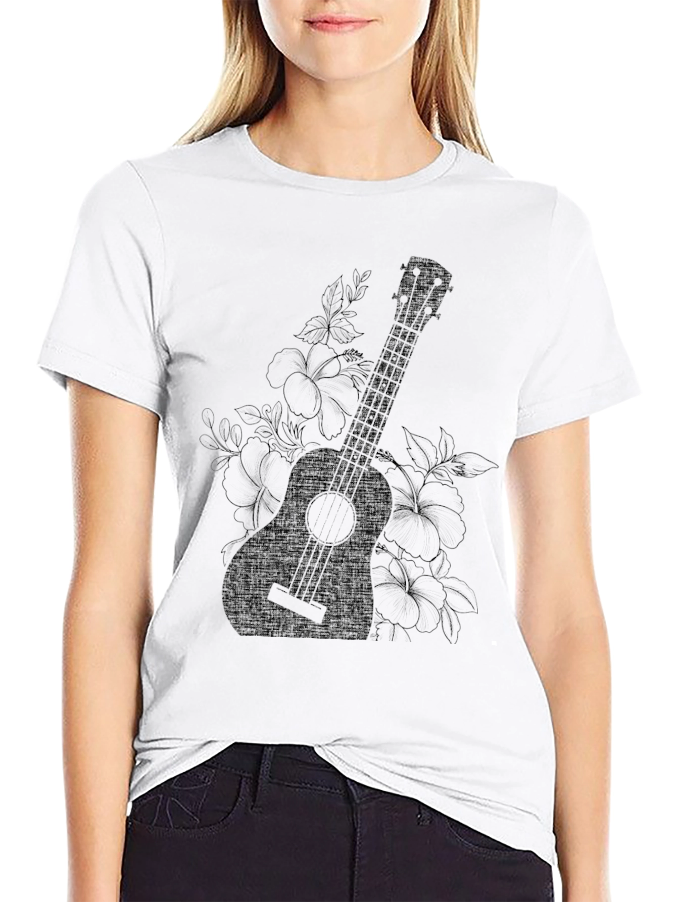 Ukulele Floral Graphic Black T-Shirt