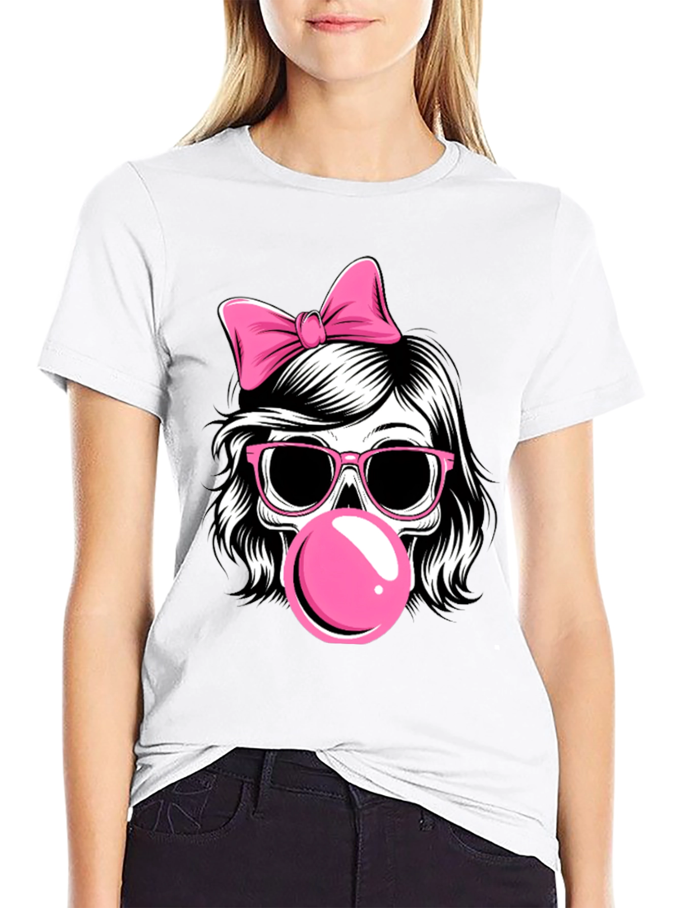 Skull Girl T-Shirt with Bow and Bubblegum