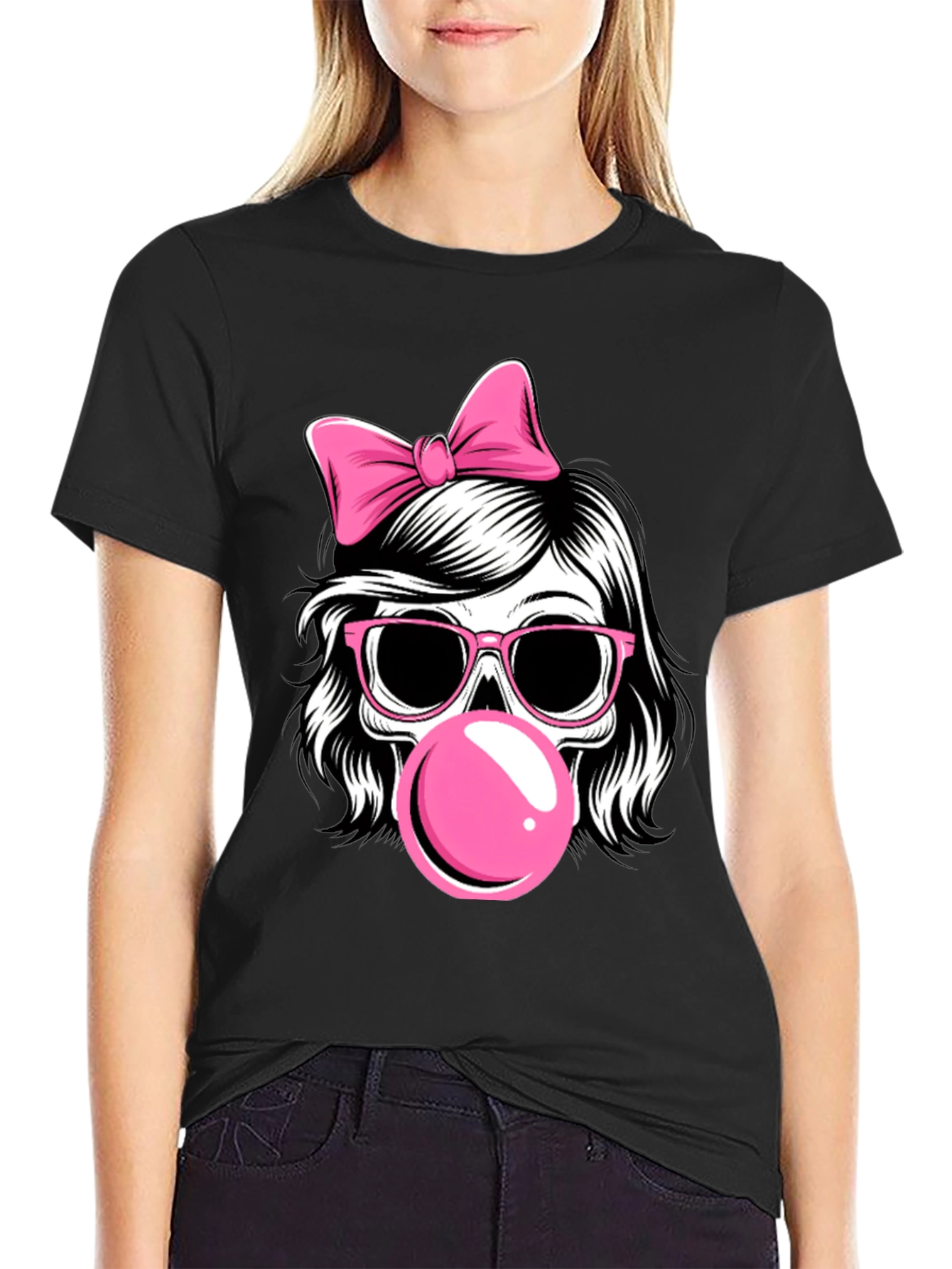 Skull Girl T-Shirt with Bow and Bubblegum