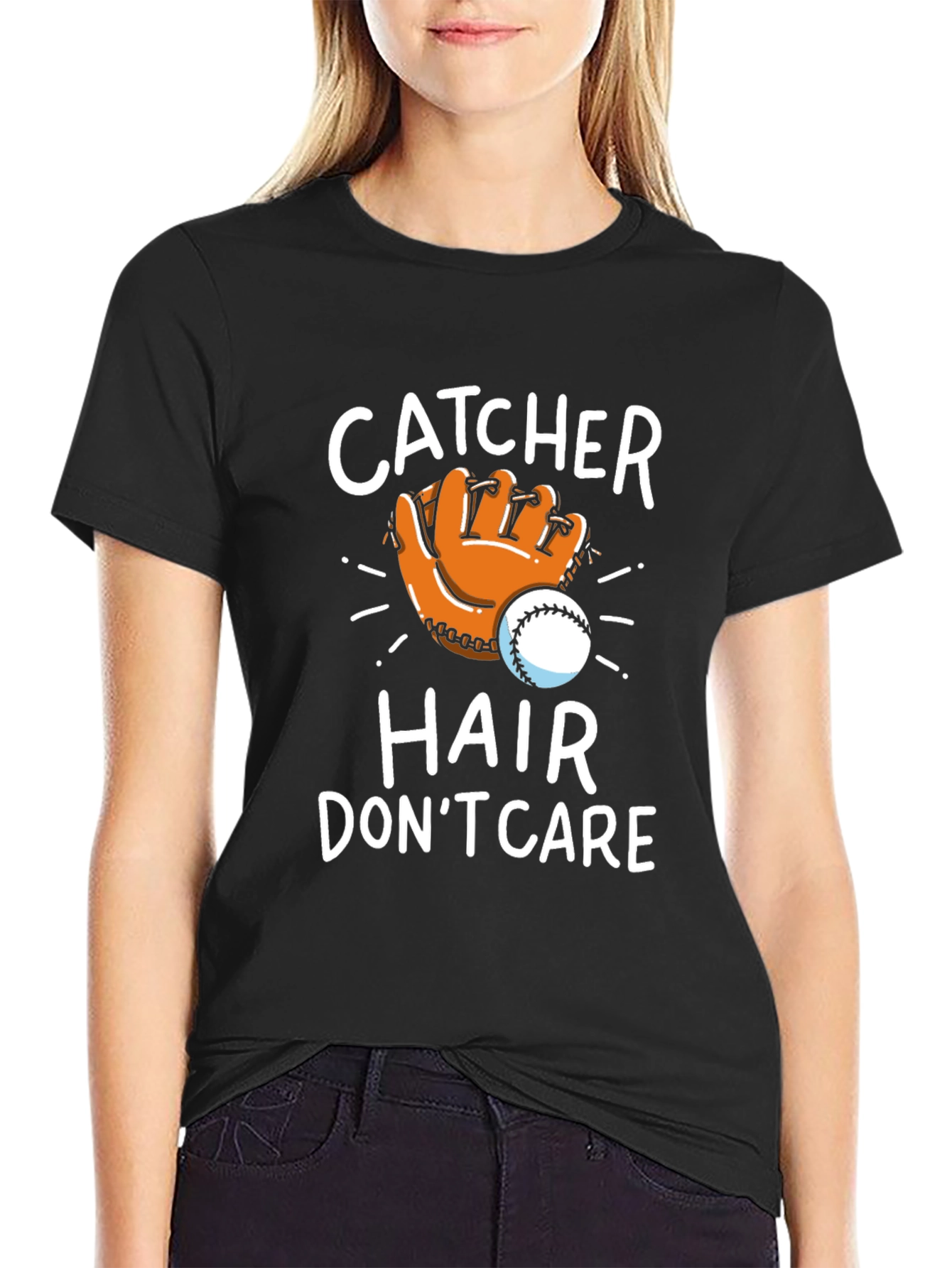 Catcher Hair Dont Care T-Shirt Baseball Fan Tee