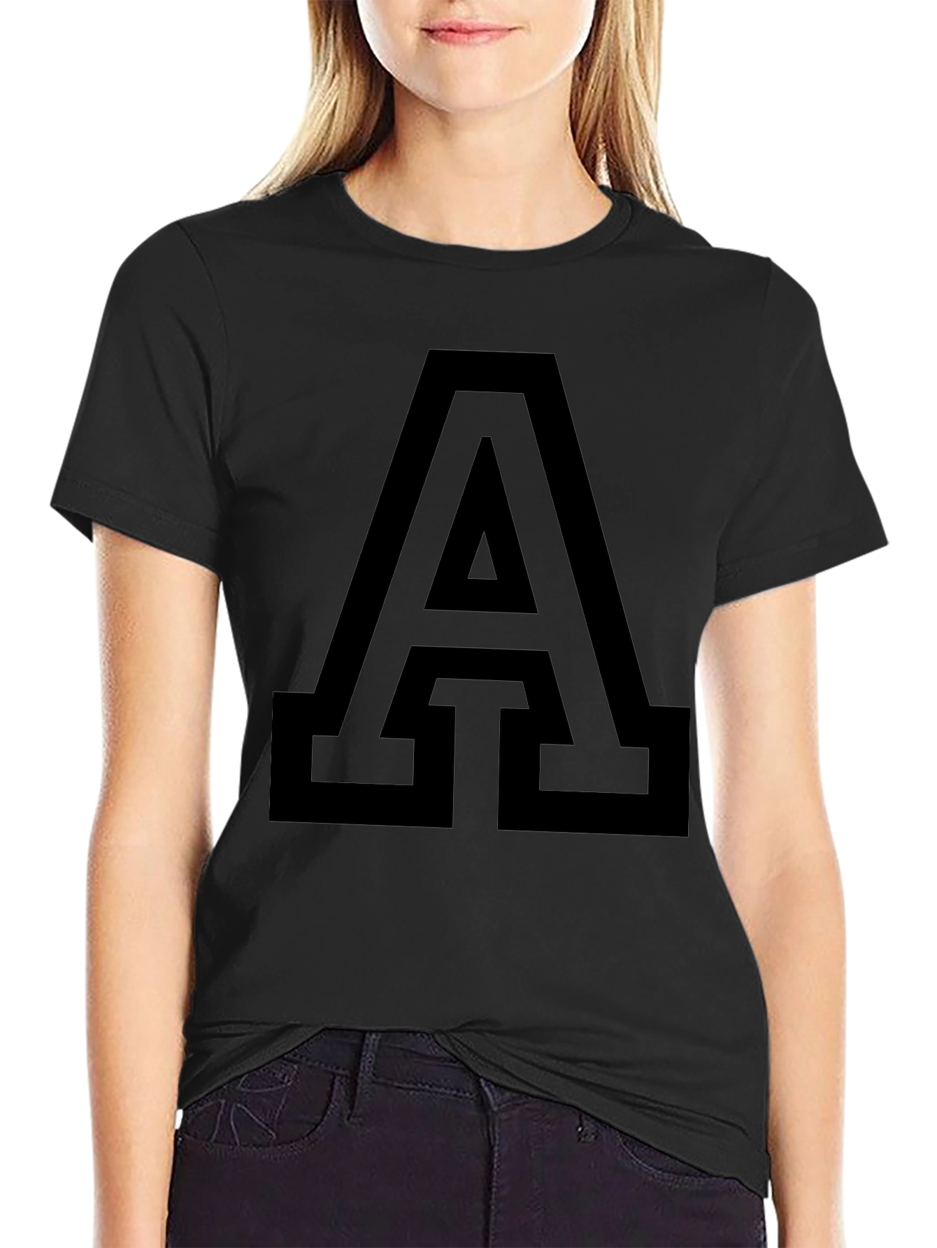 Bold Letter A Graphic Tee - Black Cotton T-Shirt