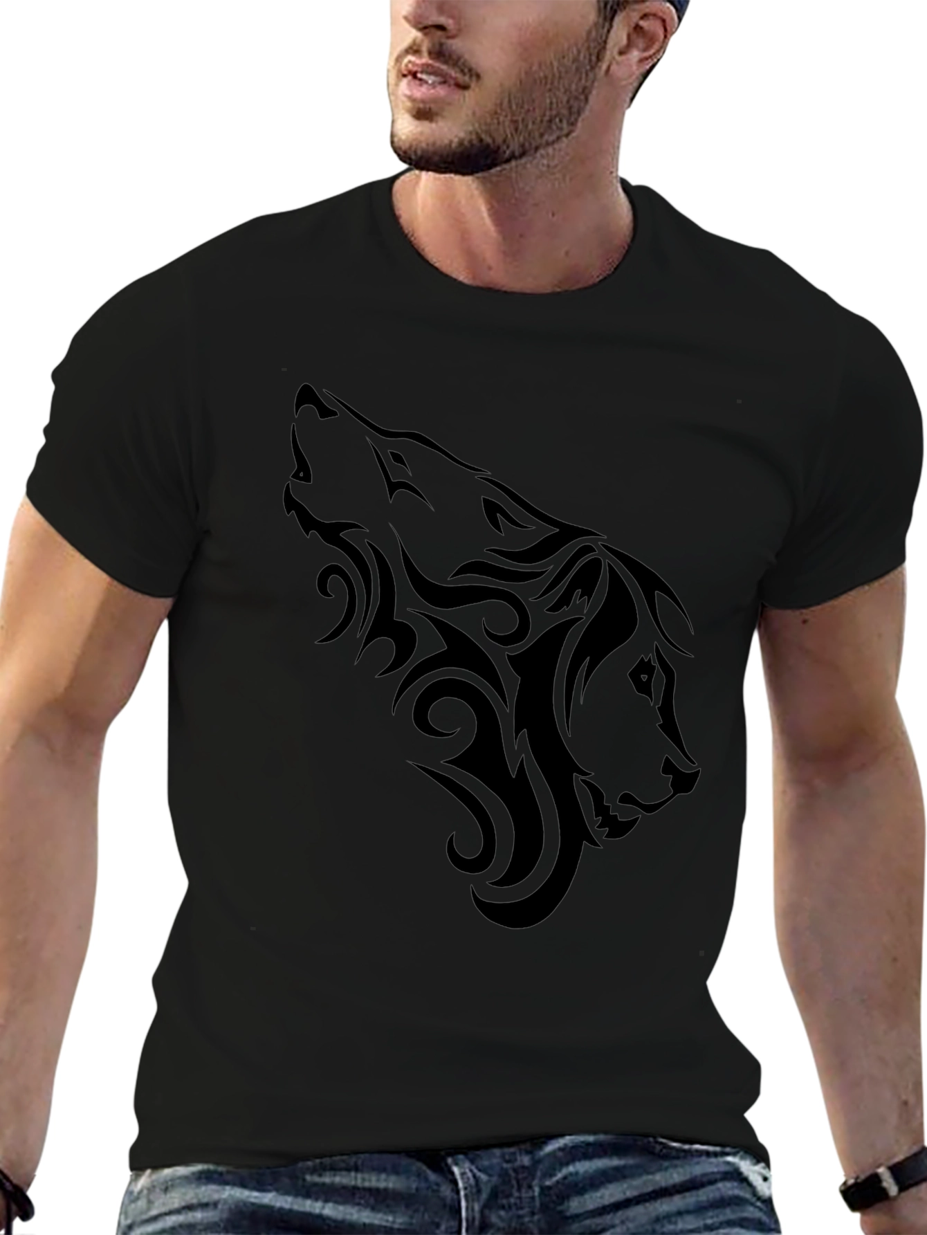 Tribal Wolf Graphic T-Shirt - Mens Black Tee