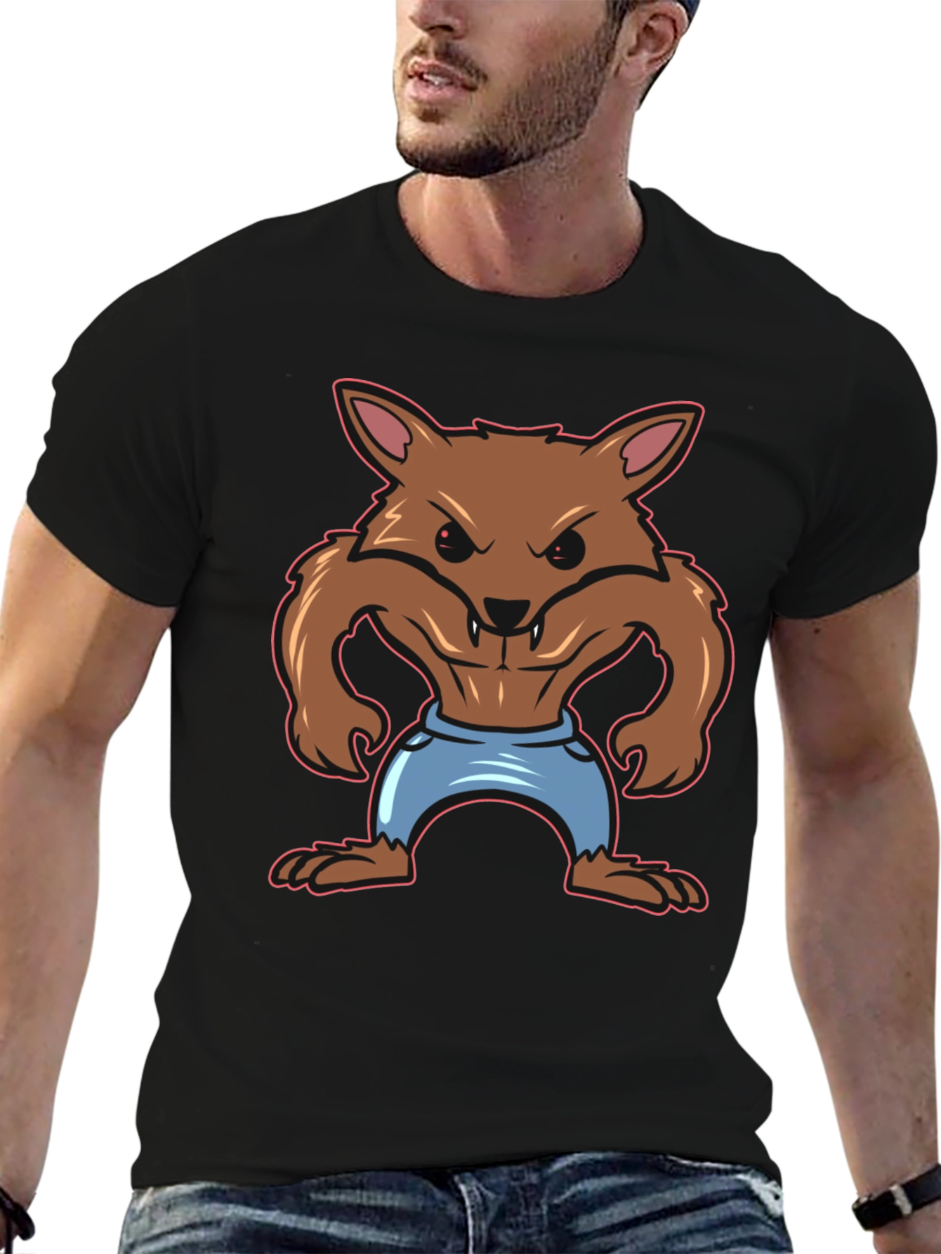 Cartoon Werewolf Graphic T-Shirt - Black