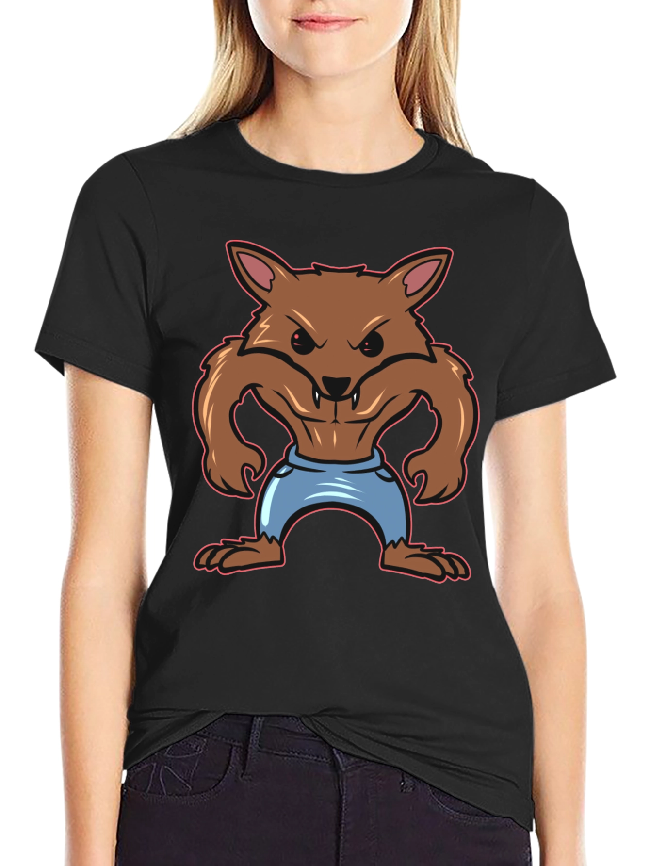 Cartoon Werewolf Graphic T-Shirt - Black