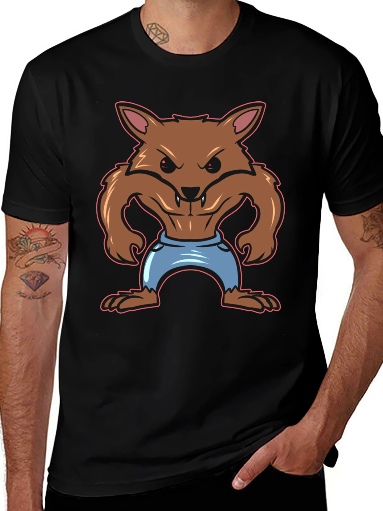 Cartoon Werewolf Graphic T-Shirt - Black