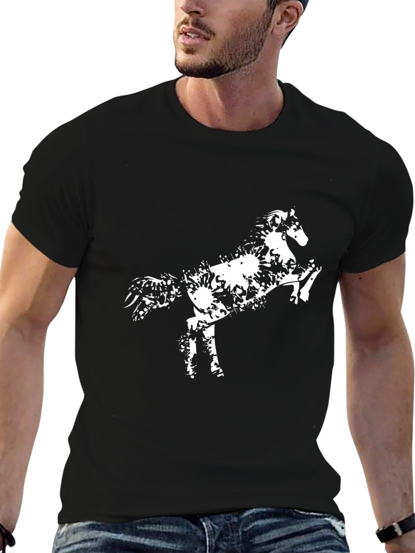 Black T-Shirt with White Horse Design