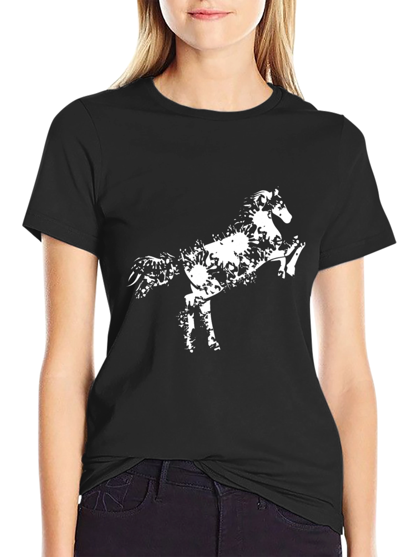 Black T-Shirt with White Horse Design