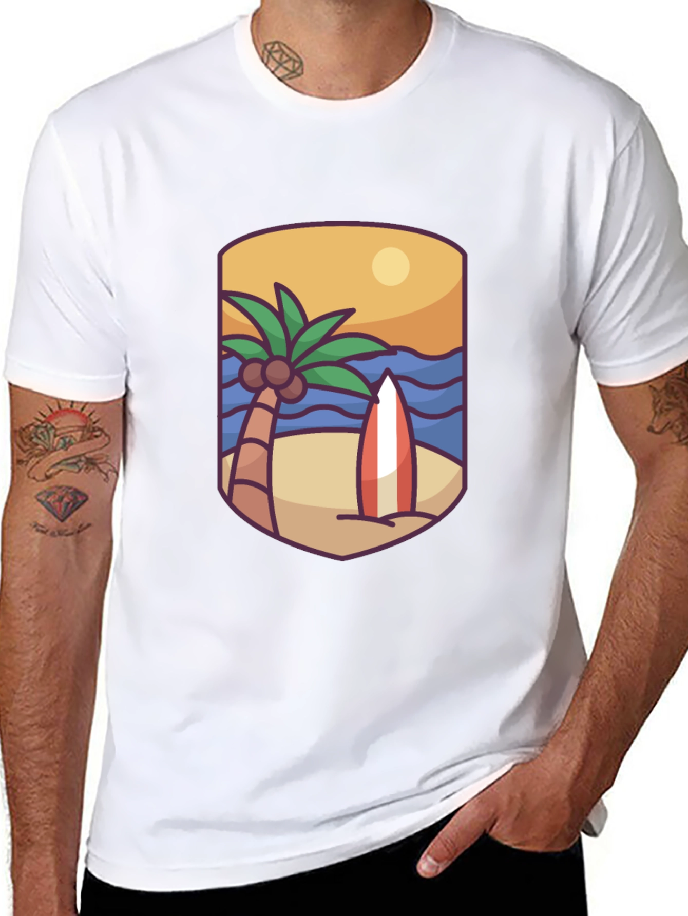 Tropical Beach Surfboard Graphic T-Shirt
