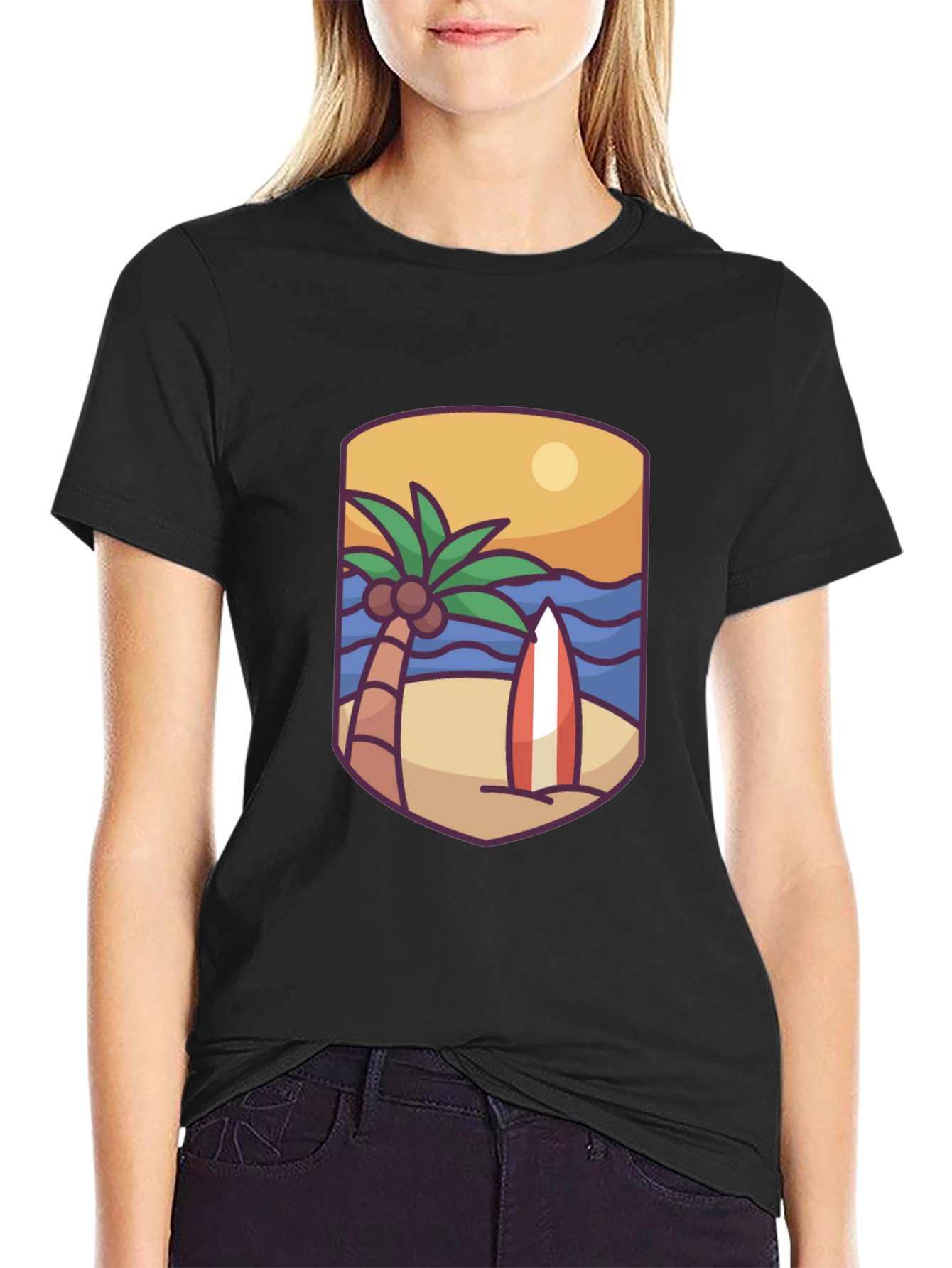 Tropical Beach Surfboard Graphic T-Shirt