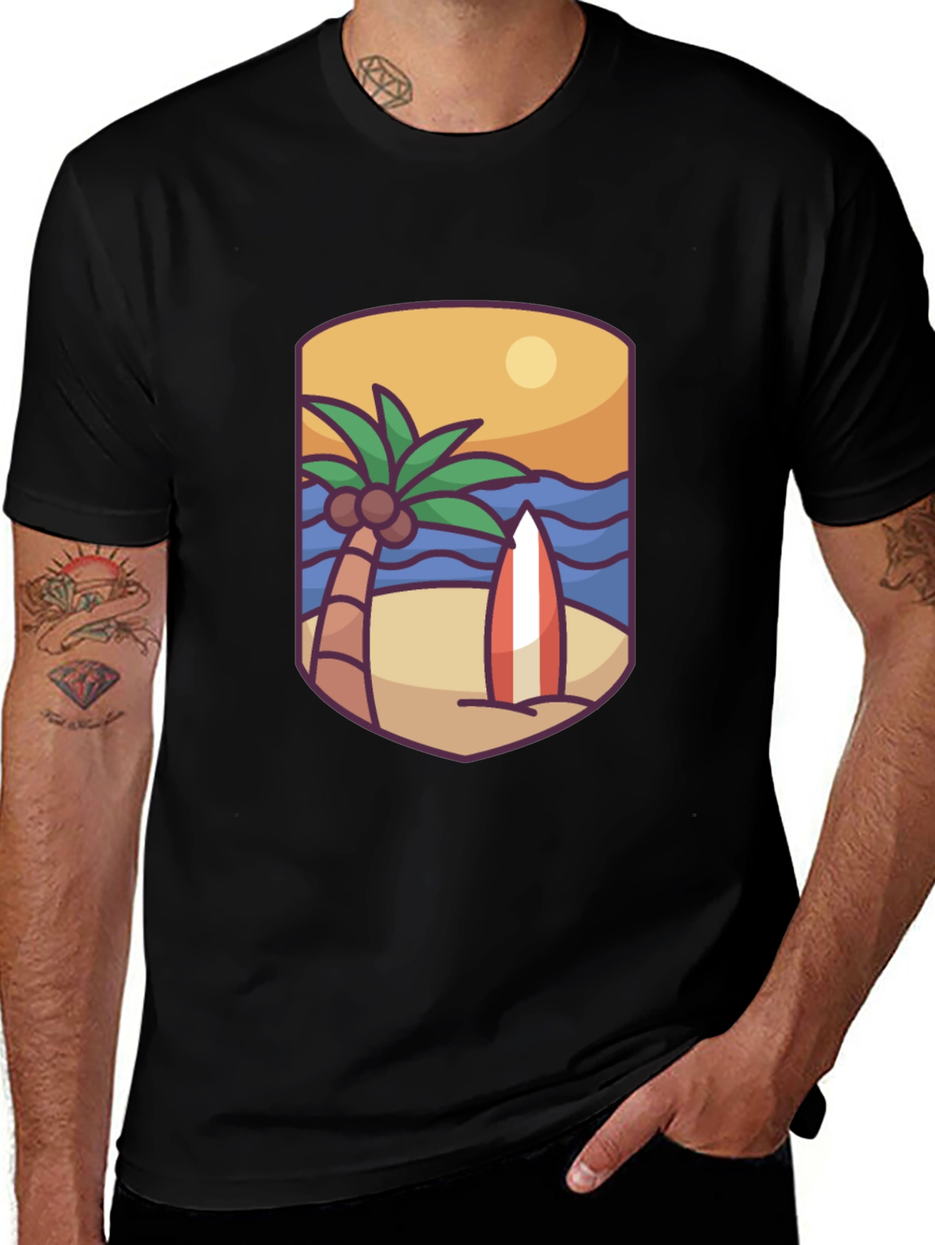 Tropical Beach Surfboard Graphic T-Shirt