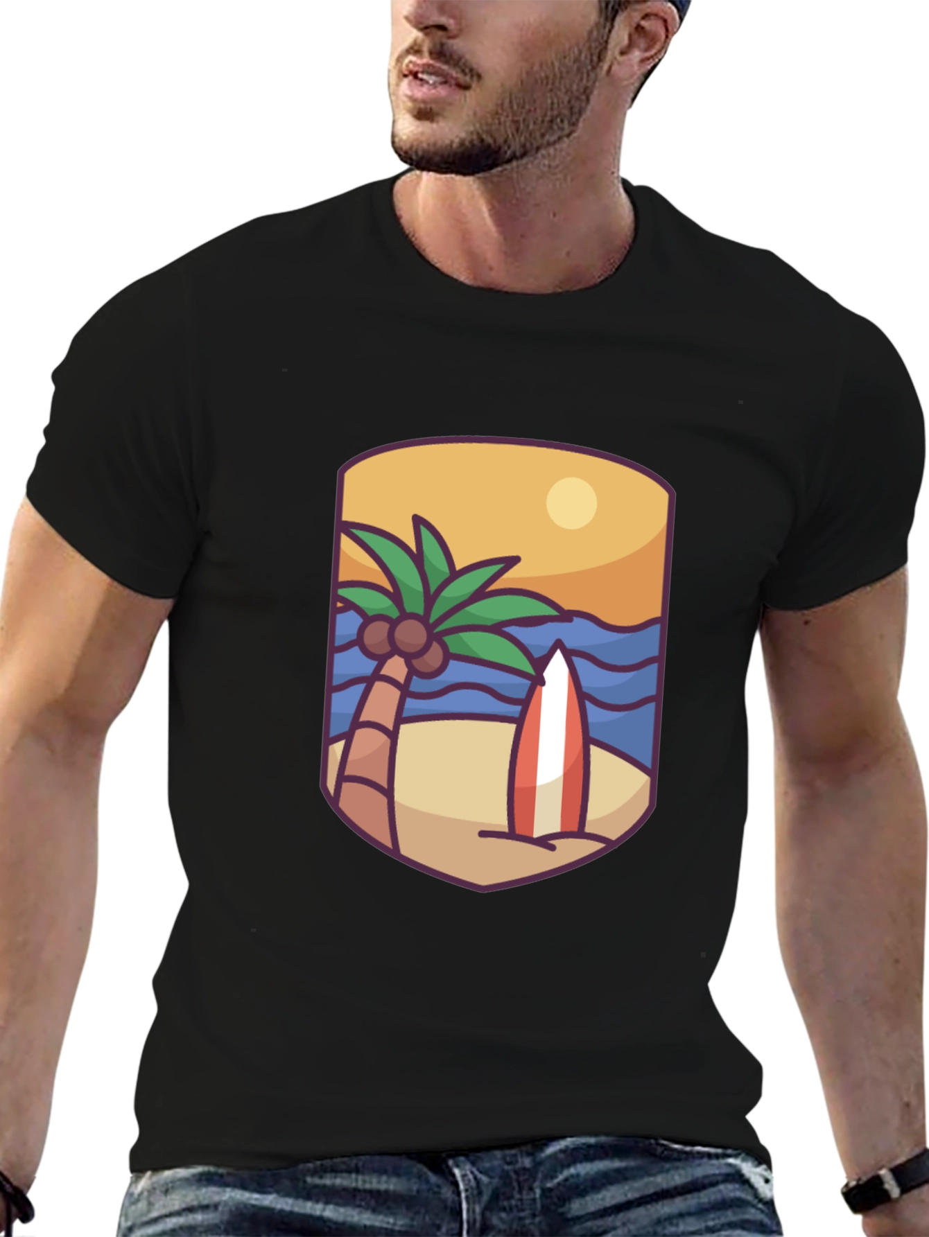 Tropical Beach Surfboard Graphic T-Shirt