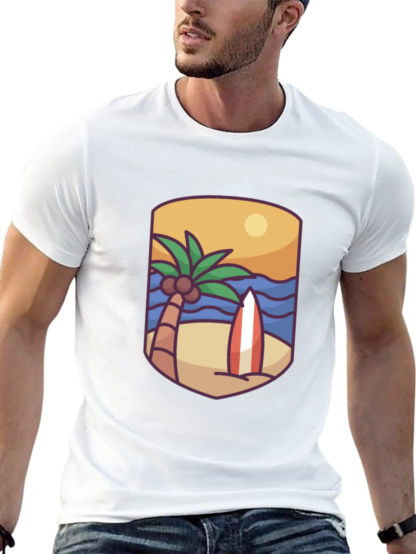 Tropical Beach Surfboard Graphic T-Shirt