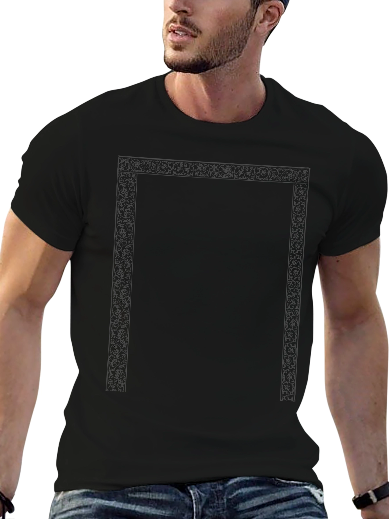 Elegant Black T-Shirt with Detailed Border Design