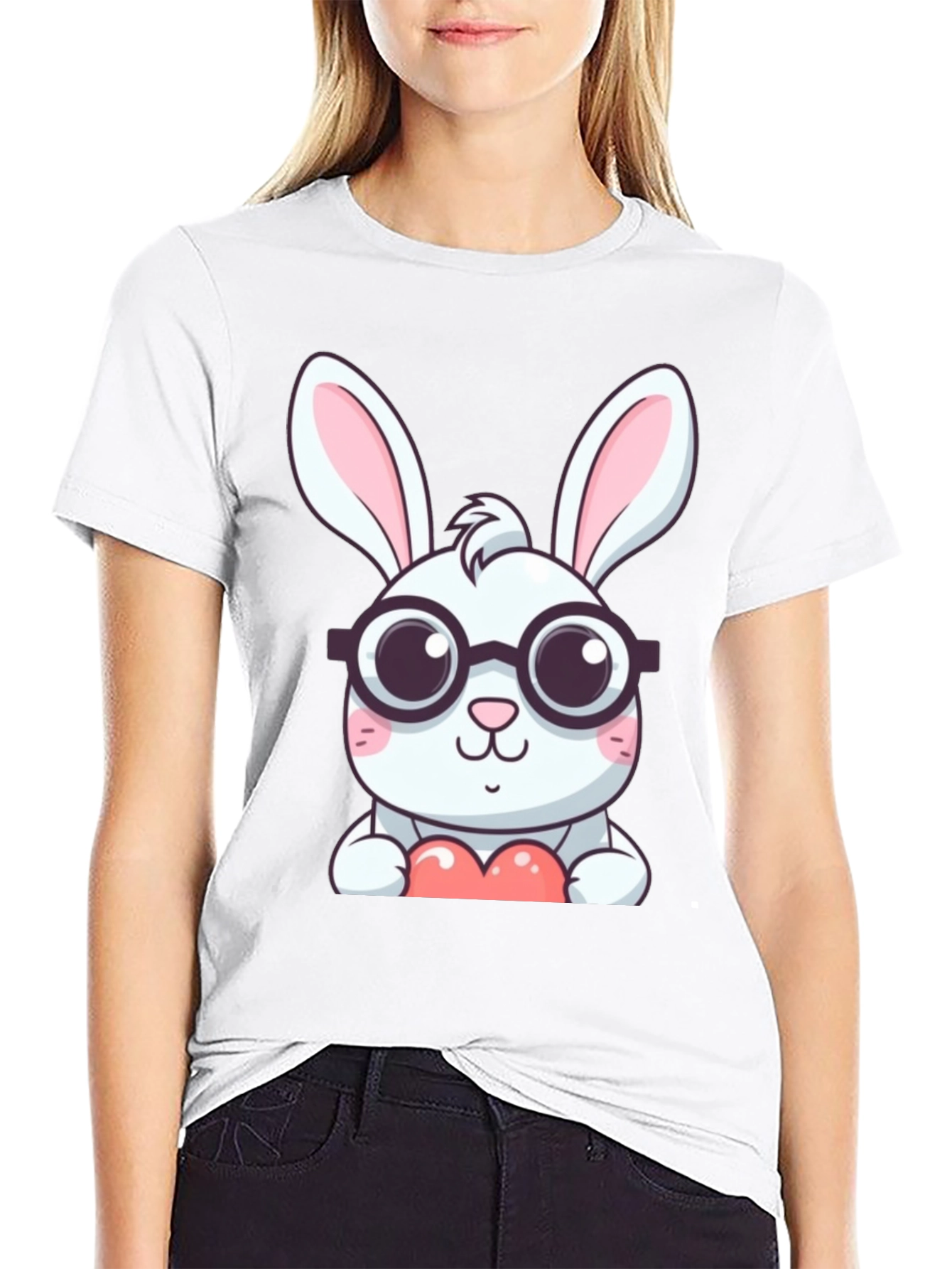 Cute Bunny with Glasses Black T-Shirt
