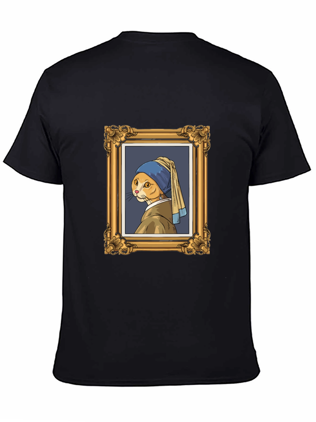Cat with Pearl Earring Black T-Shirt