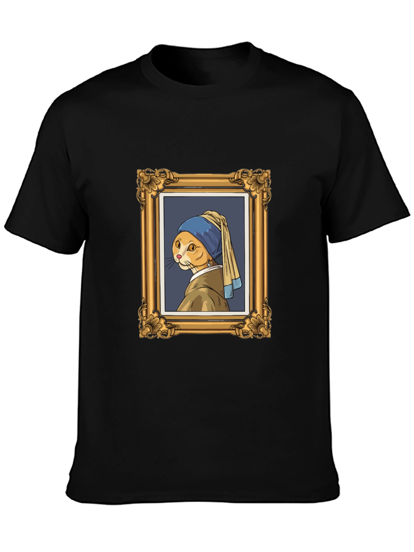 Cat with Pearl Earring Black T-Shirt