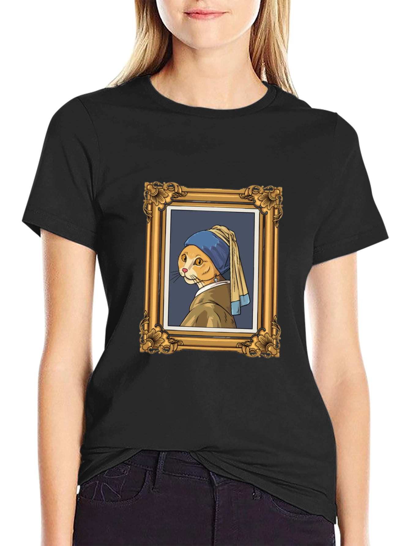 Cat with Pearl Earring Black T-Shirt