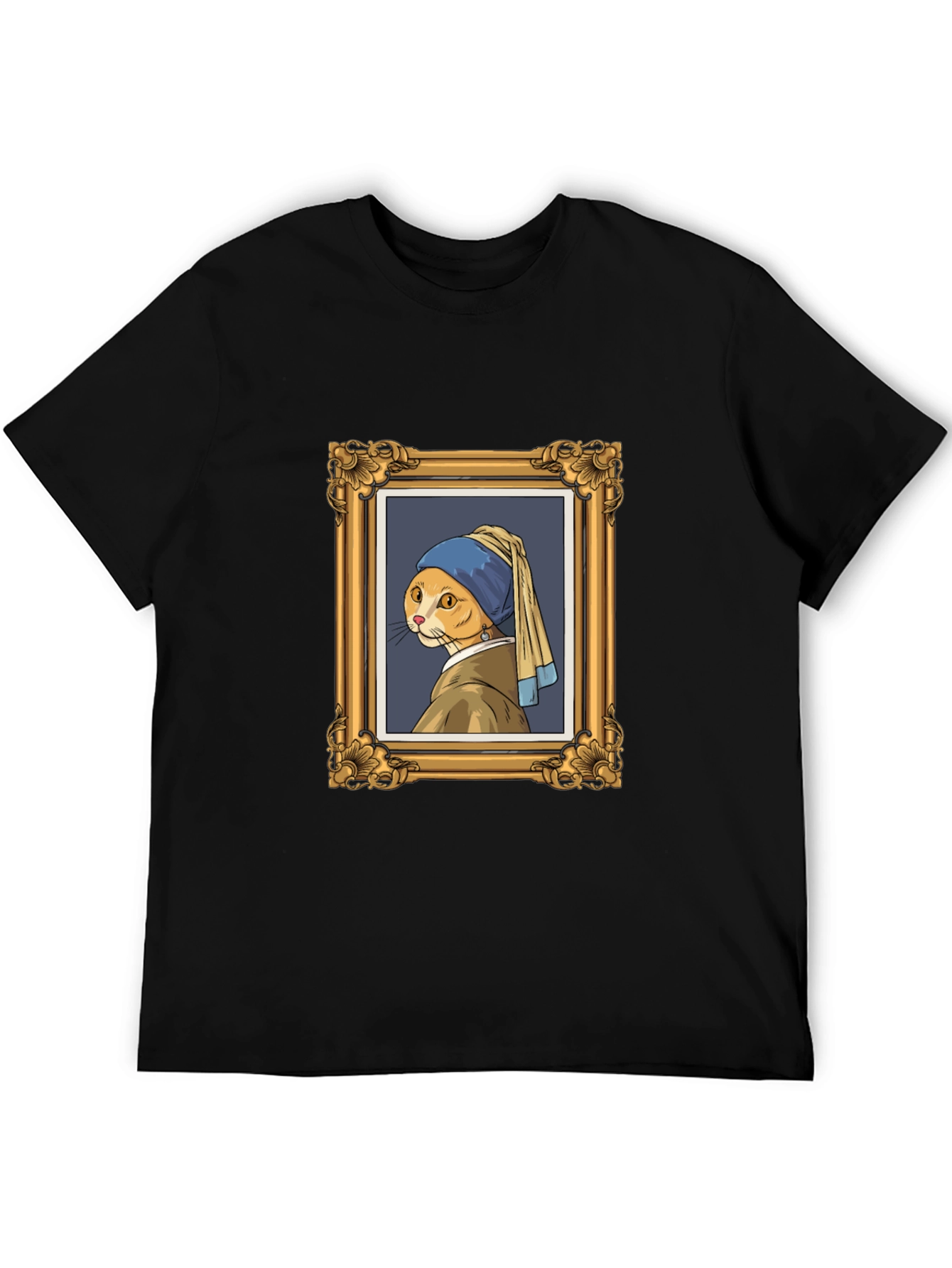 Cat with Pearl Earring Black T-Shirt