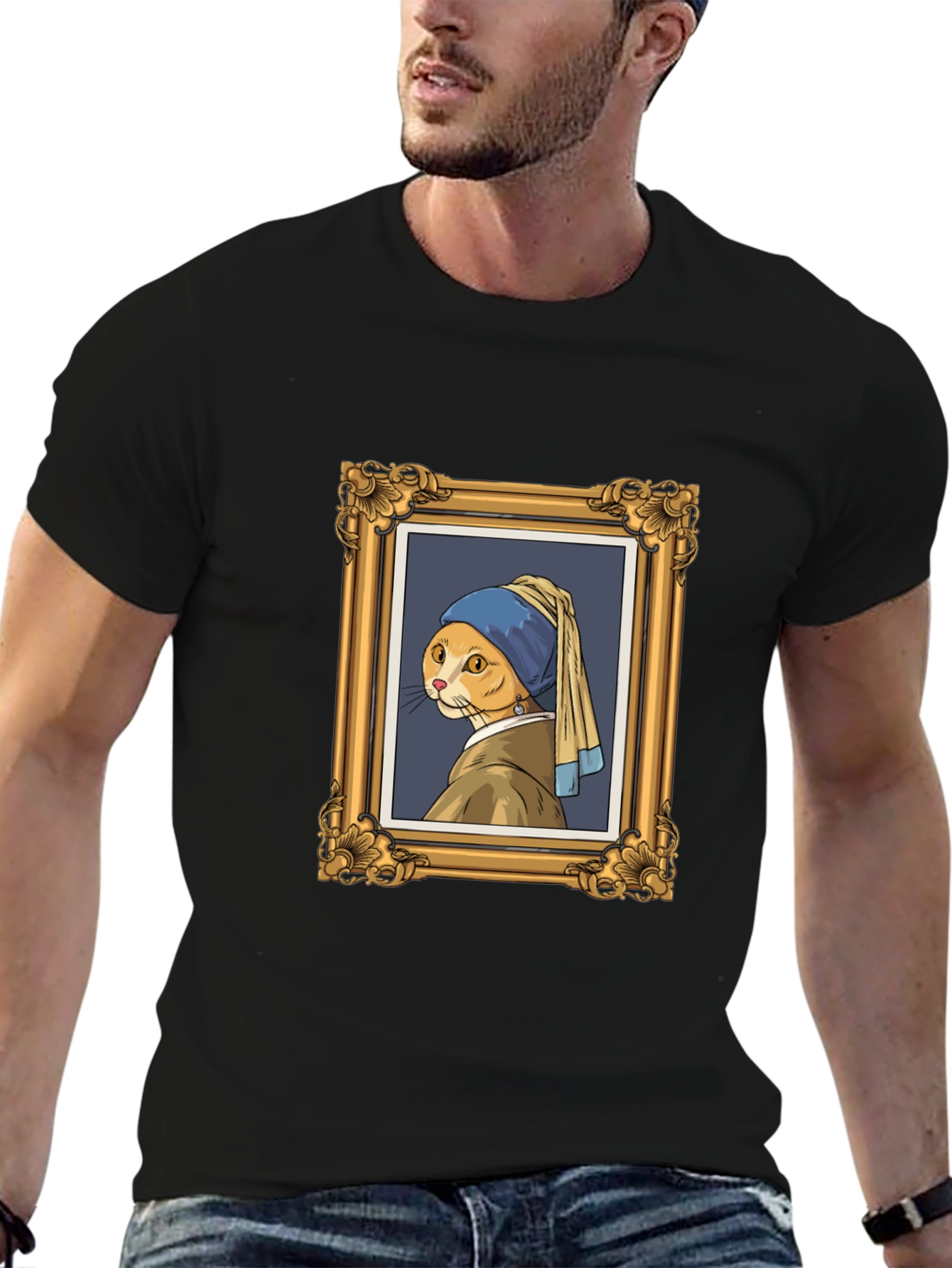 Cat with Pearl Earring Black T-Shirt