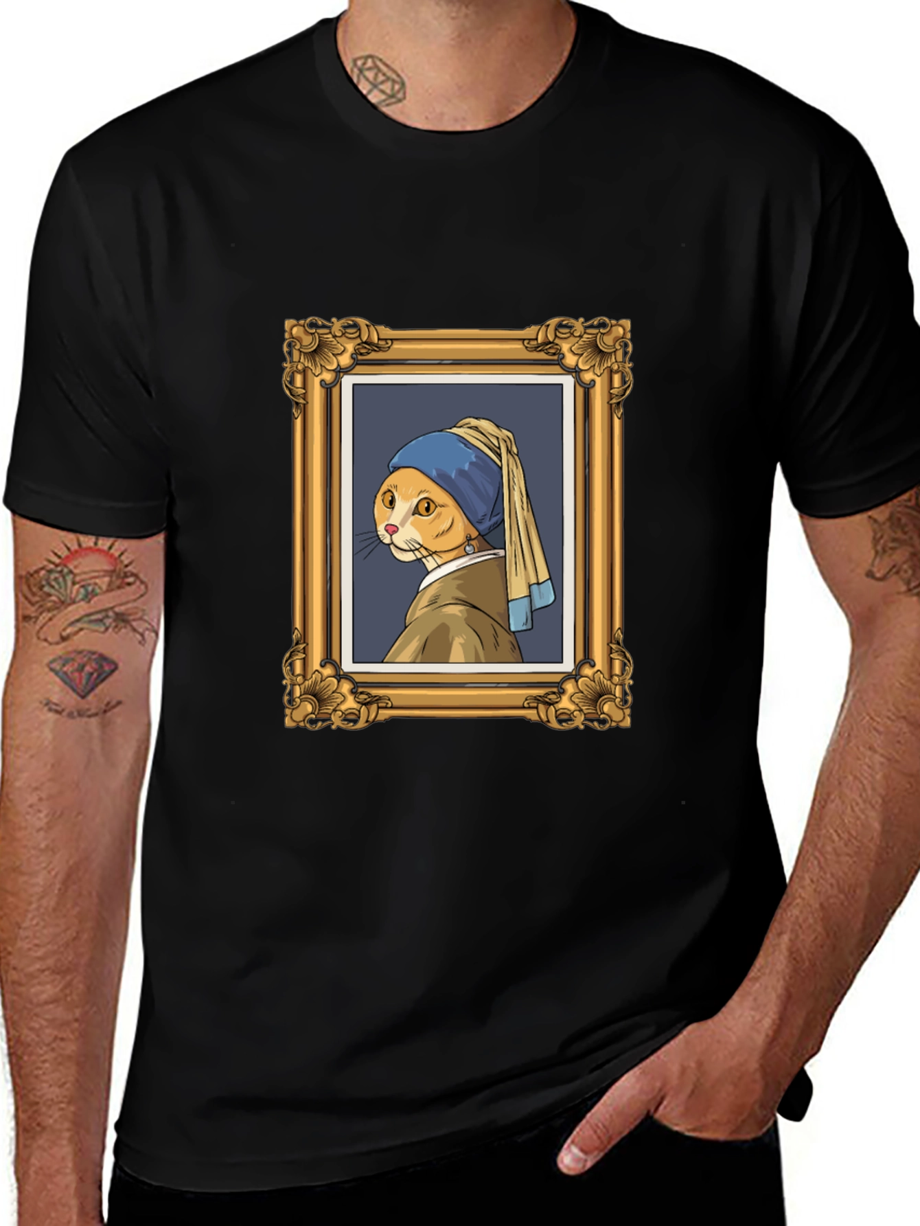 Cat with Pearl Earring Black T-Shirt