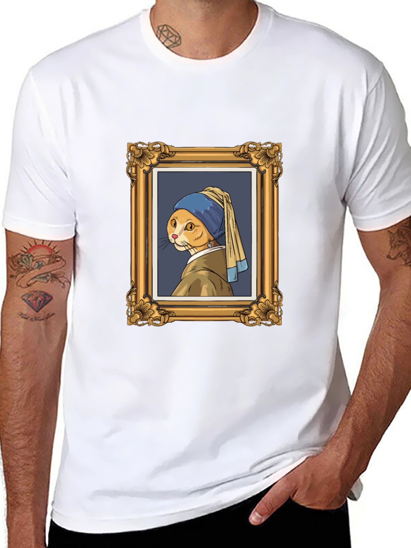 Cat with Pearl Earring Black T-Shirt