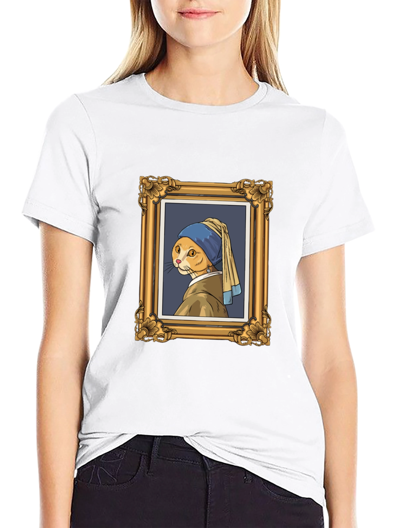 Cat with Pearl Earring Black T-Shirt