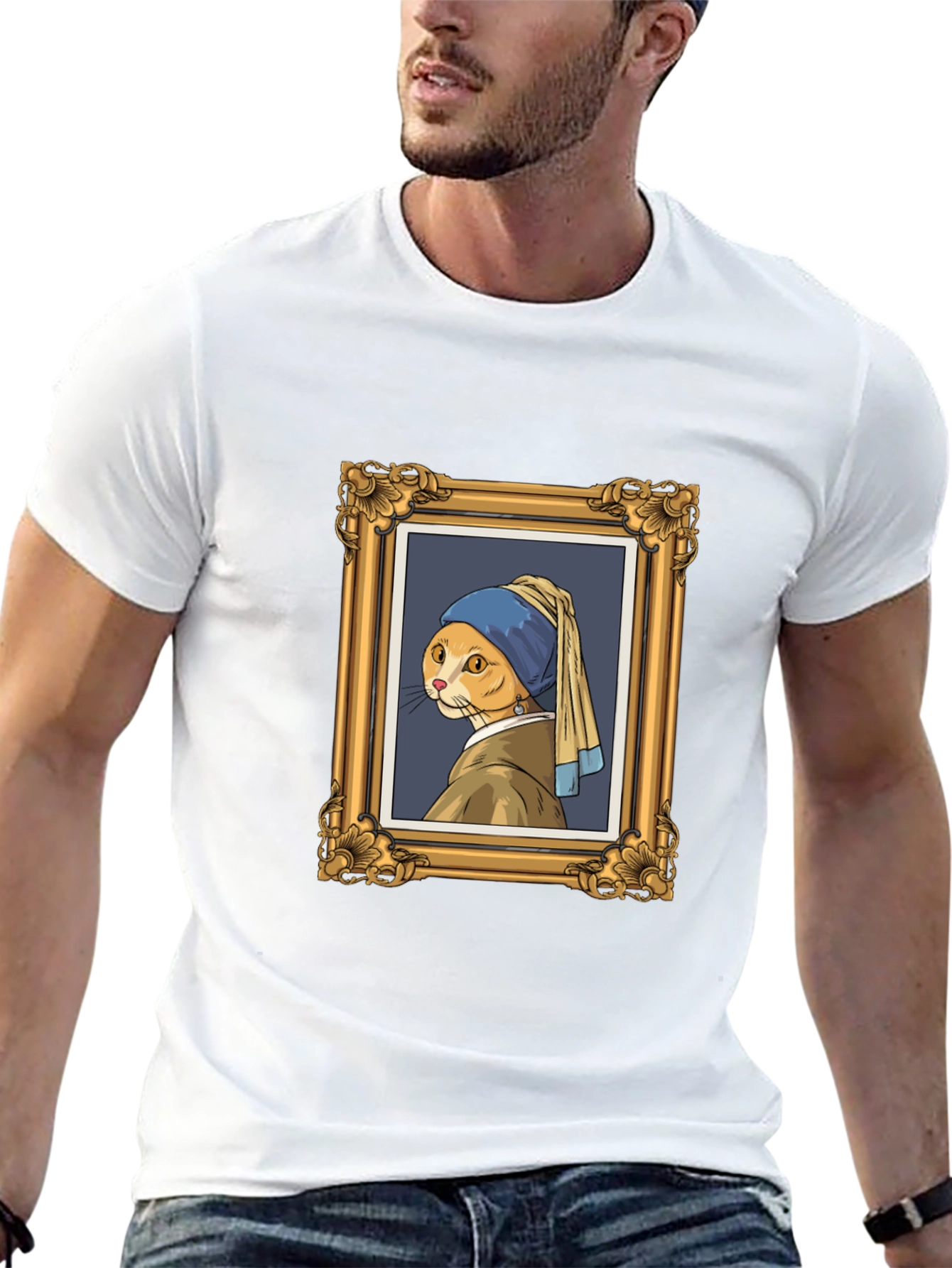Cat with Pearl Earring Black T-Shirt
