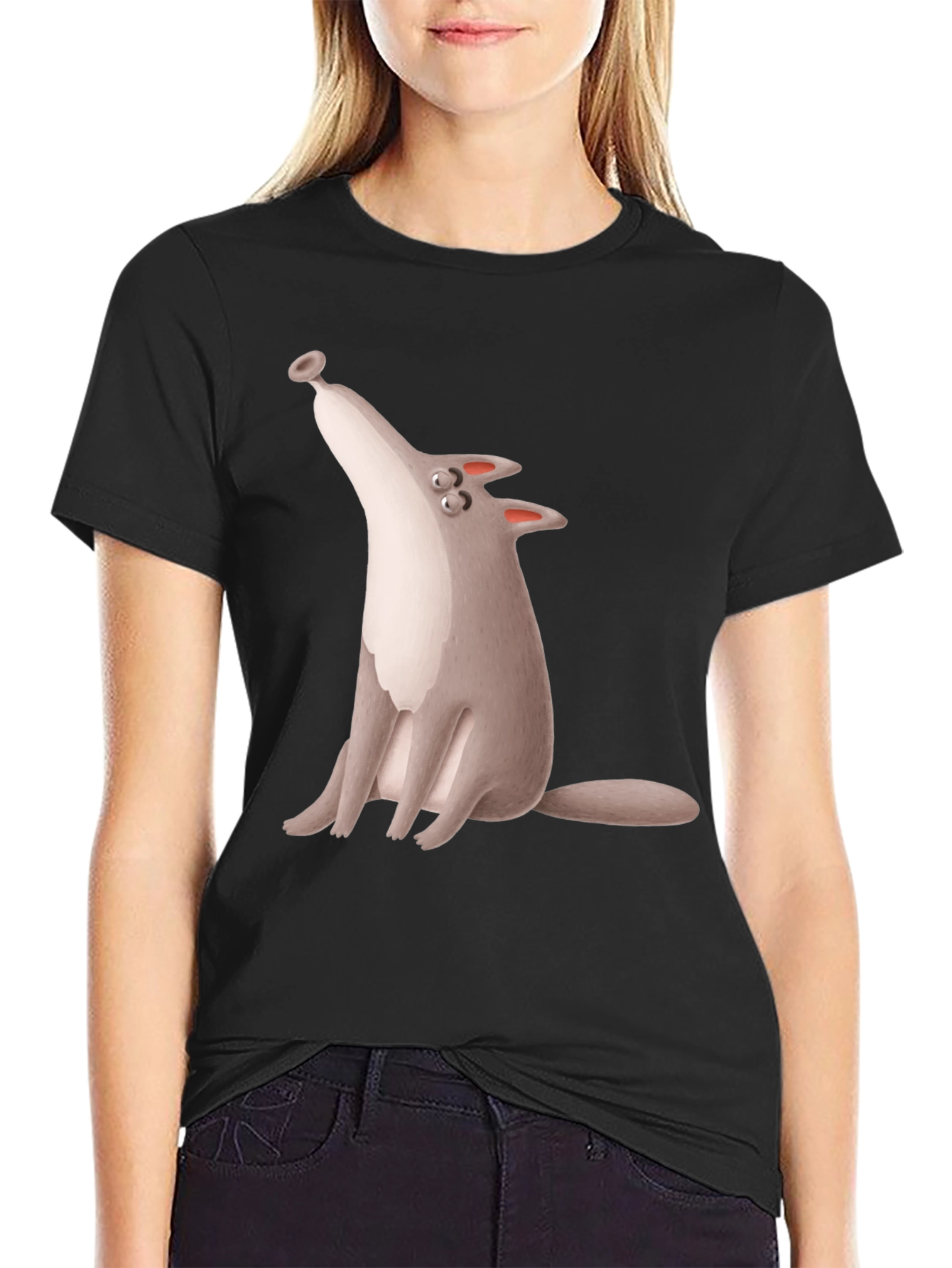 Cartoon Wolf Graphic Black T-Shirt