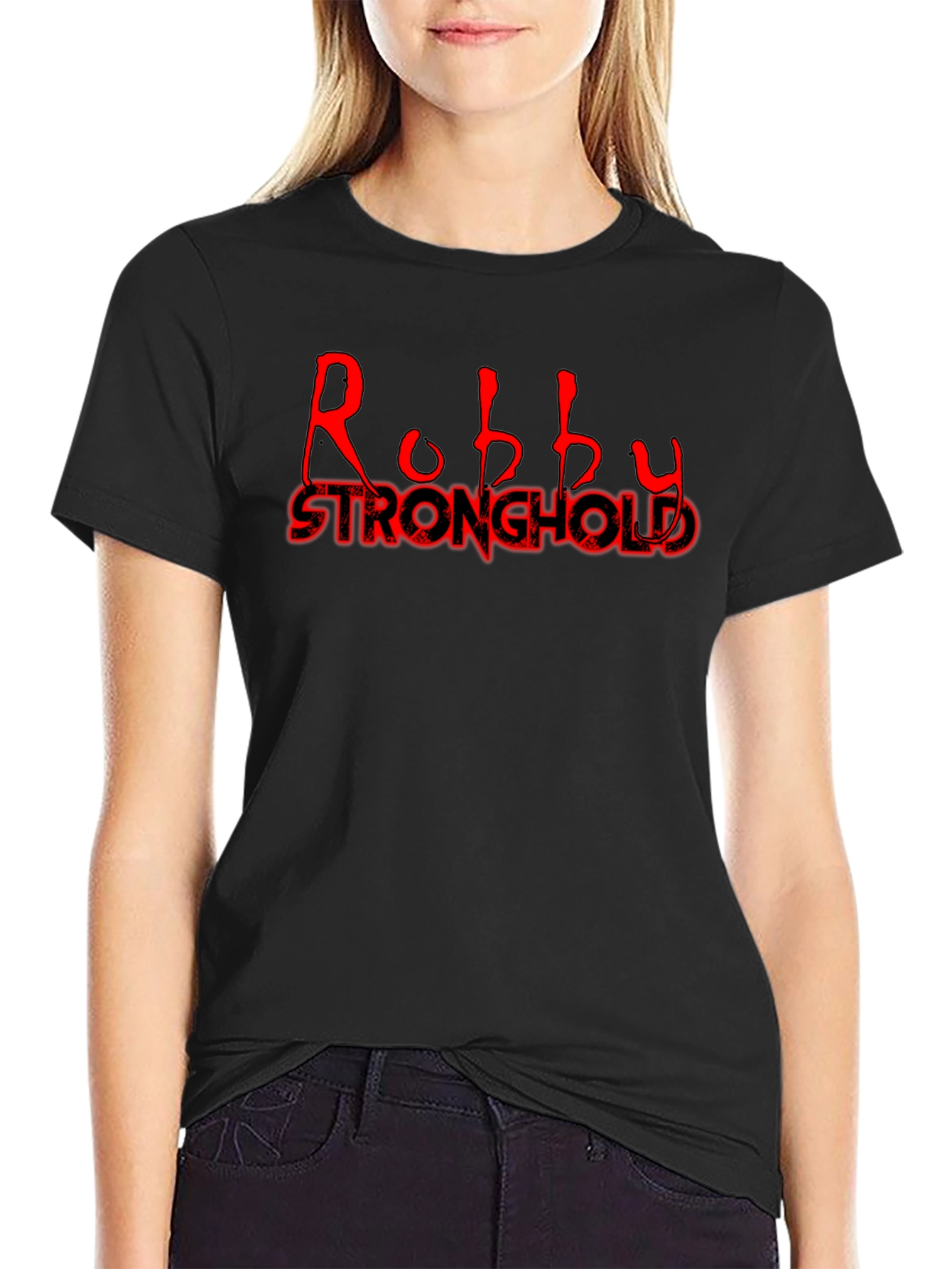 Robby Stronghold Red Text Black T-Shirt