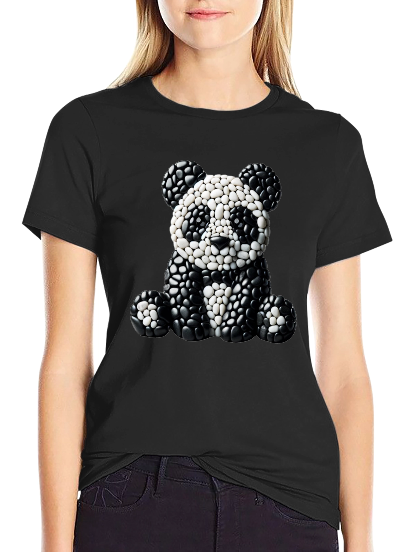 Panda Pebble Art Black T-Shirt