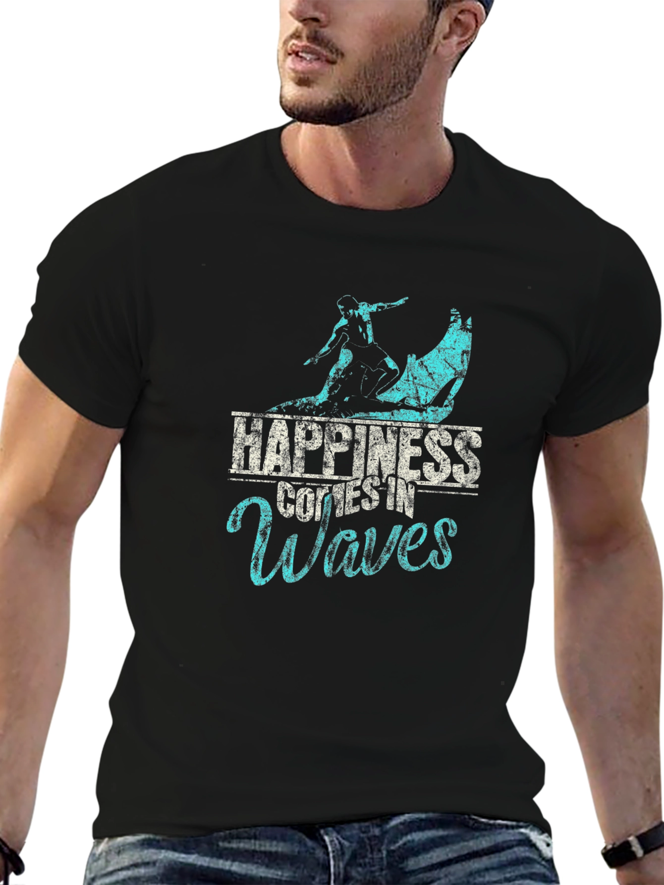 Happiness Comes in Waves Black T-Shirt